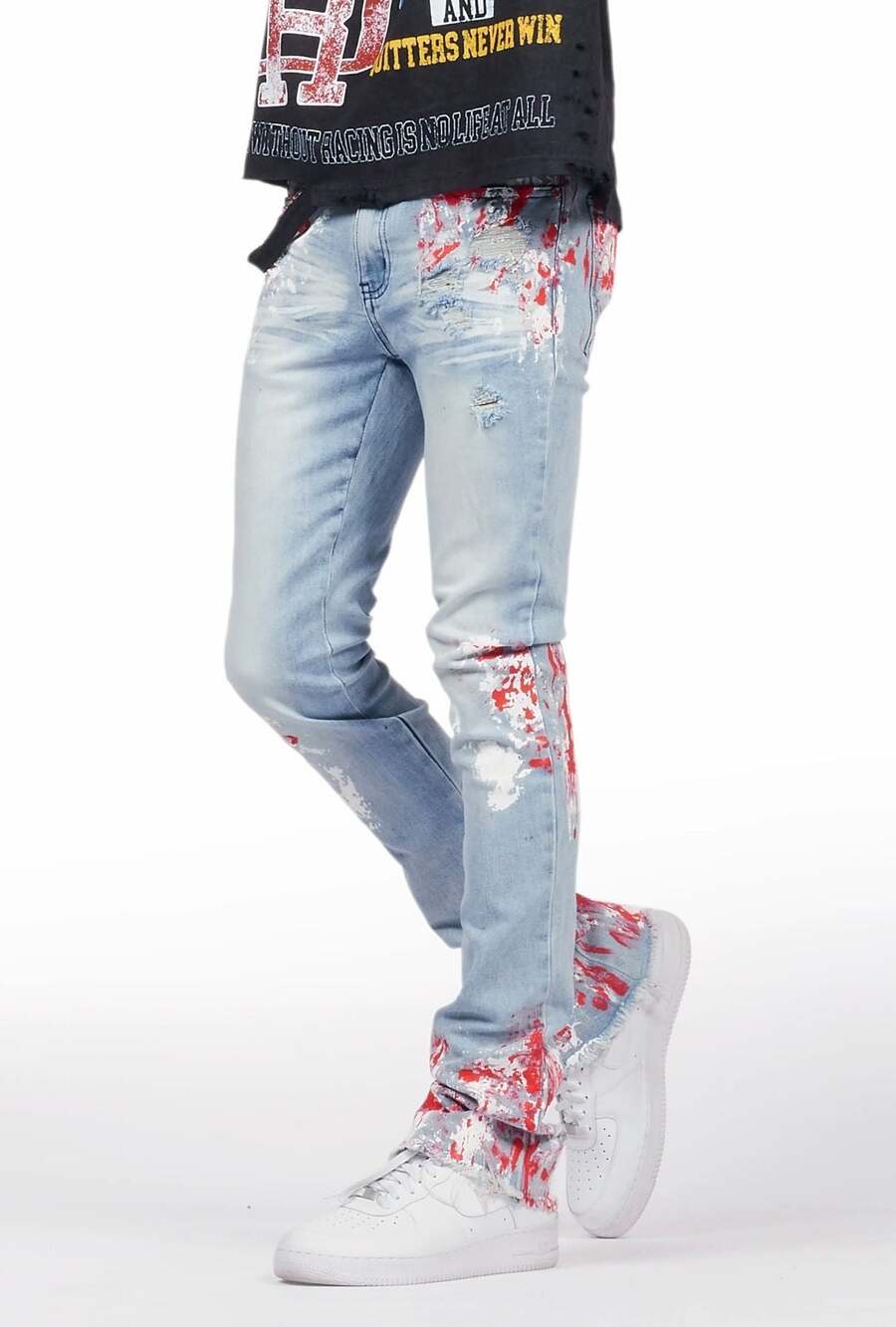 Rockstar Stacked Flare Jeans Light Wash with Red Paint Splatter 30/30